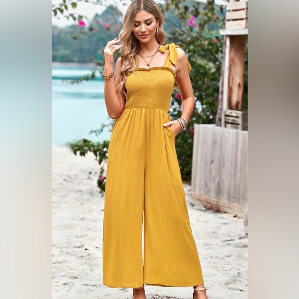 Susina — Linen Mustard Jumpsuit with Bow Straps — Size LP - NWT